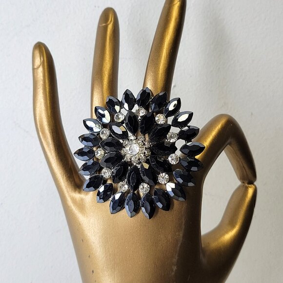 Large Crystal and Black Bead Ring, Statement Cocktail Adjustable Ring - Picture 1 of 7